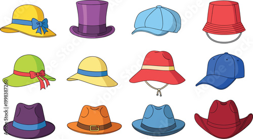 Colorful Hat Collection with Various Styles Including Fedora, Baseball Cap, Sun Hat, and Bucket Hat for Fashion, Accessories, and Design