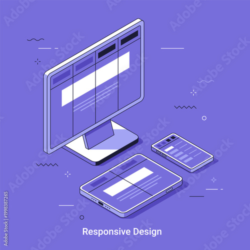 Responsive design concept on computer monitor, tablet and smartphone. Thin line cartoon isometric vector illustration of website layout adaptation across different digital device screen sizes.