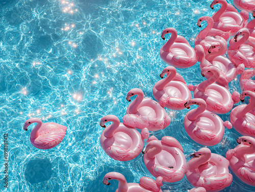 inflatable flamingos floating in bright blue swimming pool overhead shot high quality professional detailed modern elegant