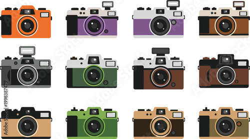 Colorful Camera Collection with Different Lens and Styles for Photography, Camera Equipment, and Digital Media Designs