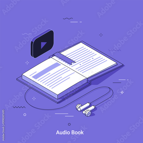 Vector illustration with Open book with audio player icon and earphone. Modern education concept in isometric thin line style. Learning metaphor for digital content, e-learning platform and audiobook