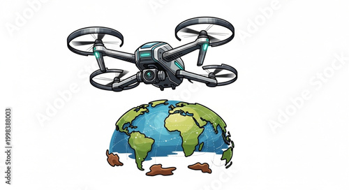 Drone flying above a stylized globe showing continents and oceans.