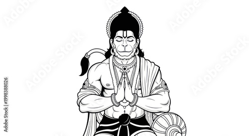 Hanuman praying, Hindu deity, Indian mythology, Namaste gesture, devotion, spiritual art