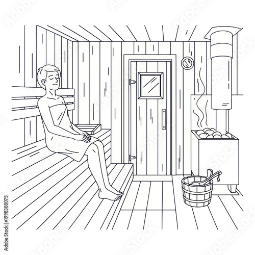 Woman relaxing in a wooden sauna, enjoying steam and heat, line art illustration