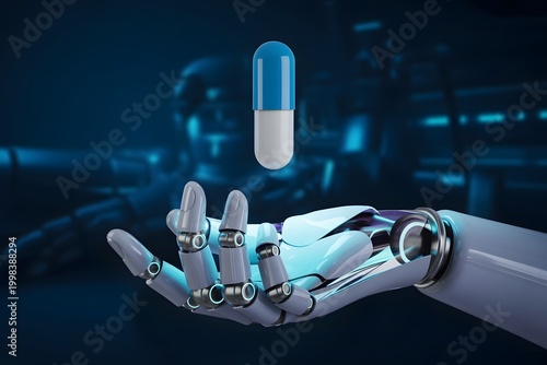 Futuristic AI medicine delivery with robotic hand capsule high resolution Picture