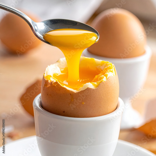 Soft boiled egg in egg cup with runny yolk and spoon about to drip deliciousness