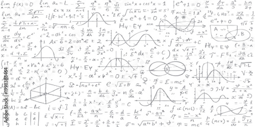 Hand drawn vector illustration of sketch arrows in a seamless doodle pattern featuring math formulas and science symbols on a grunge school blackboard texture for business and education design