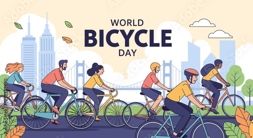 A diverse group of people happily cycling on a city street with modern buildings and a bridge in the background, promoting healthy urban living.