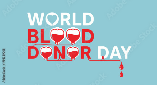 World Blood Donor Day graphic featuring three stylized hearts with blood drops, conveying love and life-saving donation, on a light blue background.