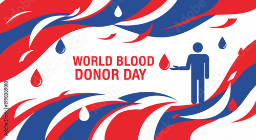 World Blood Donor Day illustration with abstract red and blue waves, a person silhouette offering a blood drop, symbolizing global solidarity and humanitarian effort.
