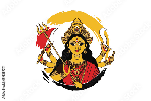 A vibrant illustration of the hindu goddess durga with multiple arms and weapons