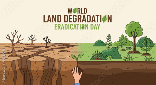World Land Degradation Eradication Day illustrating the contrast between cracked dry land and lush green environment with a hand planting a new sprout, symbolizing restoration and hope.