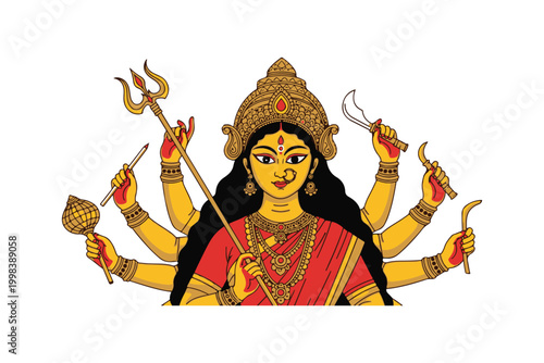 Hindu goddess durga with multiple arms and weapons