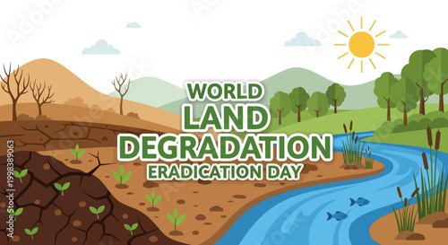 World Land Degradation Eradication Day showing Dry Land with New Seedlings and Green Landscape, symbolizing restoration.