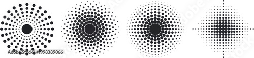 Vector illustration of a black and white abstract background featuring a round human eyeball design with a halftone dot pattern iris and circular pupil icon for vision concepts