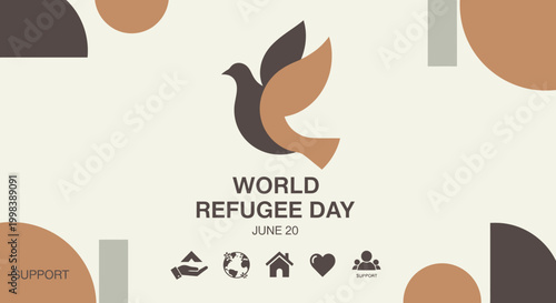 World Refugee Day Banner with Peace Dove and Support Icons, on light brown abstract background.