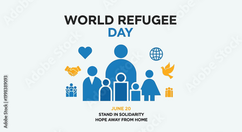 World Refugee Day Banner with Family Icons, Heart, Globe, and Solidarity Message, isolated white background.