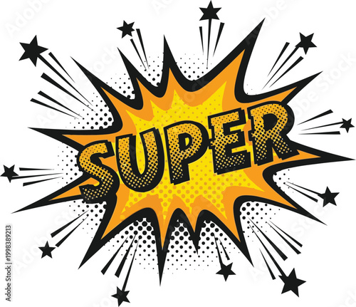 Comic book style 'super' explosion with starburst and dynamic impact silhouette