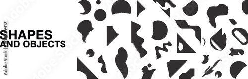 A minimalist graphic design layout showcasing a diverse collection of abstract geometric and organic shapes, perfect for modern backgrounds and creative projects