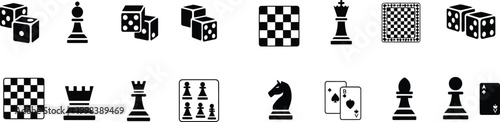 A Collection of Board Game and Gambling Icons, Featuring Chess Pieces, Dice, and Playing Cards