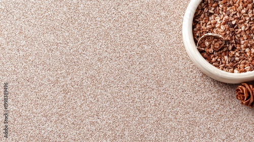 Brown Grainy Texture with Bowl of Natural Ingredients on Kitchen Surface