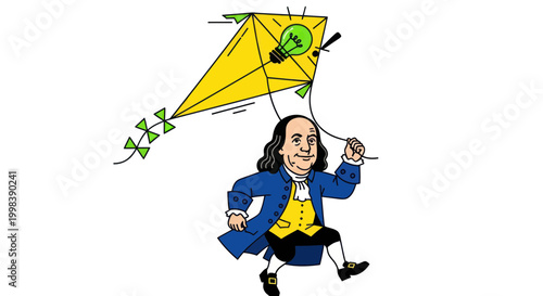 Benjamin Franklin Flying Kite with Lightbulb Idea, Scientific Discovery