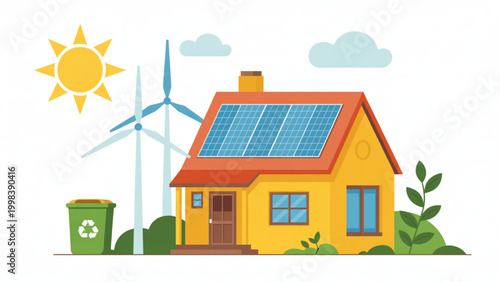 Solar home with wind turbine and eco icons