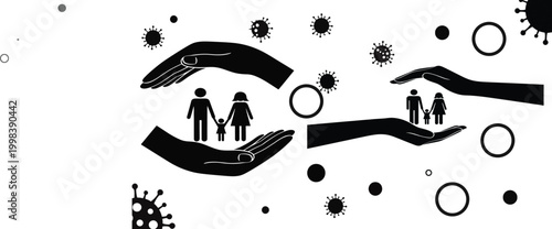 Family health care and medical protection concept,silhouette vector illustration of family protecting from virus and disease.