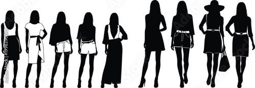 Collection of Fashionable Woman Silhouettes Featuring Elegant Summer Outfits Stylish Dresses and Trendy Casual Wear Isolated on White Background for Apparel Design