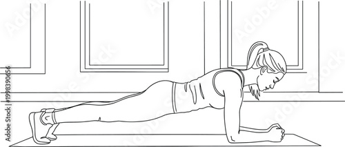 Minimal Line Art Vector Illustration of a Woman Performing a Forearm Plank Exercise on a Yoga Mat for Fitness Training
