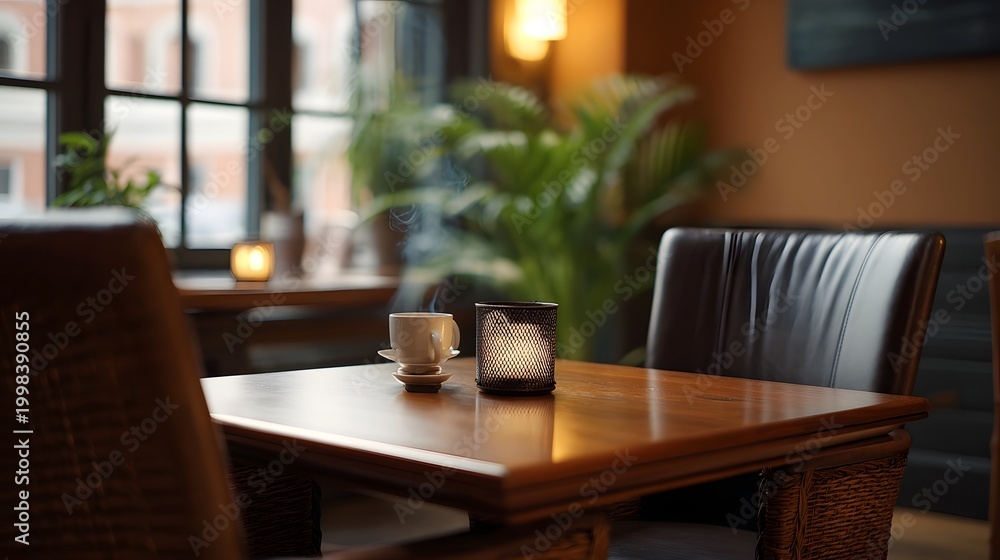 Fototapeta premium A tranquil and warm setting on a wooden table featuring coffee and a glowing scented candle framed by natural light and lush foliage