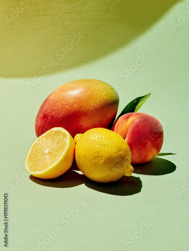 Fresh Summer Fruits Mango, Peach, and Lemon on Green Background