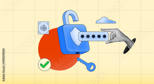 cybersecurity showing halftone collage hand holding password bar protection, unlocked padlock, fingerprint verification, and secure authentication, for data security