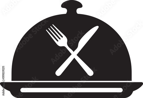 A black and white illustration of a covered serving dish icon