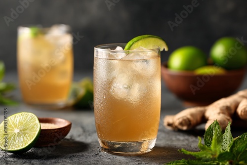 Moscow Mule Cocktail with Ginger and Lime on Dark Background