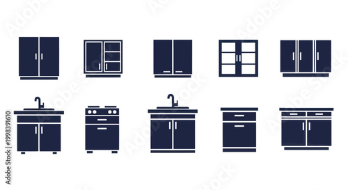 Kitchen Cabinet and Appliance Icons Set, Modern Flat Design