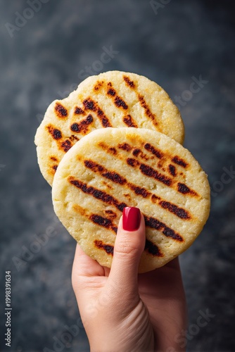 Hand Holding Two Delicious Traditional Grilled Corn Arepas