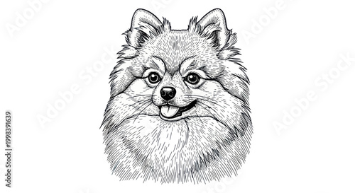 Pomeranian Dog Portrait, Hand Drawn Sketch, Fluffy Breed, Cute Pet Illustration