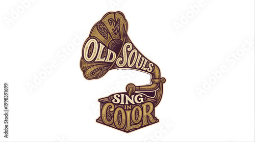 Vintage gramophone with artistic lettering, evoking nostalgia and creativity