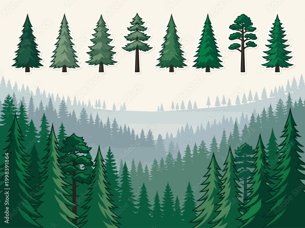 Fototapeta premium Set of Pine Tree Vector Icons and Misty Coniferous Forest Landscape with Foggy Mountains Background for Nature and Outdoor Design Projects