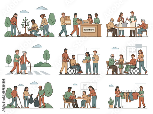 Volunteer and Community Service Illustration Set: Diverse People Participating in Charity, Donation, and Environmental Activities