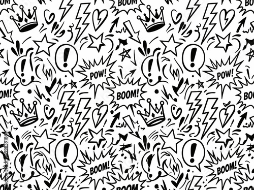 Black and White Comic Doodle Seamless Pattern with Graffiti Elements, Pop Art Explosion, Stars, and Lightning Bolts for Urban Streetwear and Graphic Design