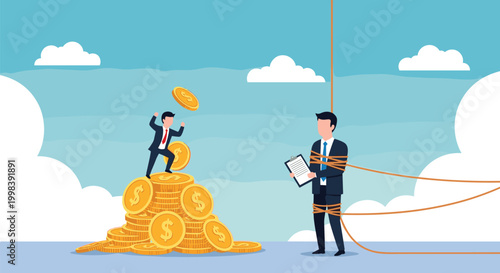 Successful businessman standing on a pile of money next to a tied-up professional representing unfair competition or financial constraints.