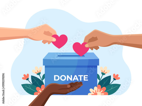 Charity and Donation Concept Vector Illustration with Diverse Hands Putting Pink Hearts into a Donation Box for Social Support and Community Help
