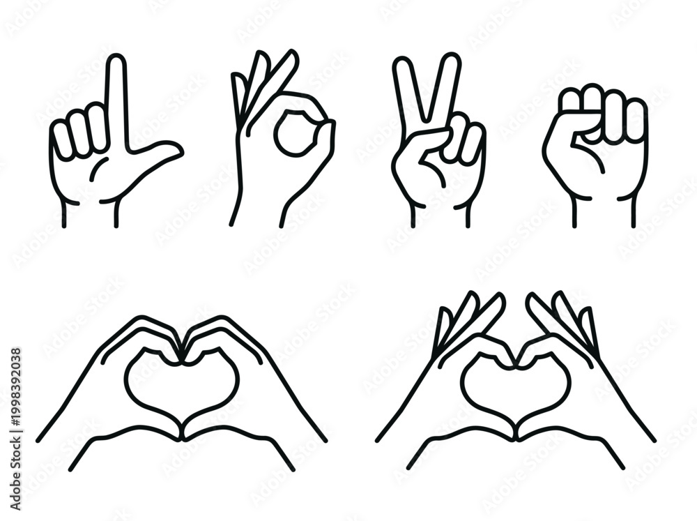 Fototapeta premium Minimalist Hand Gesture Line Art Icons Set featuring Heart Shape Peace Sign Okay Gesture Fist and L Symbol for Non-Verbal Communication Concepts
