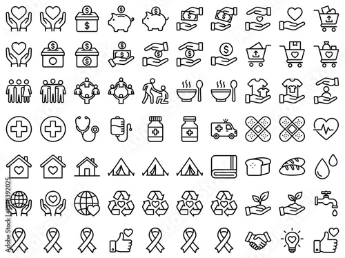 Charity and Donation Icon Set: Outline Vector Symbols for Humanitarian Aid, Volunteering, Non-profit Organizations, Community Support, Social Care, and Healthcare Services