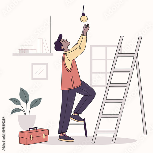 Man replacing lightbulb on ladder indoors