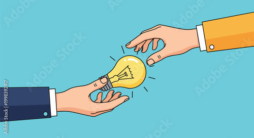 Two corporate hands reaching toward each other to exchange a glowing light bulb representing shared knowledge.