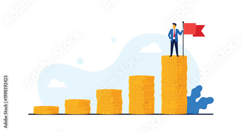 Victorious businessman standing on a tall stack of gold coins and holding a red flag to mark his achievements.