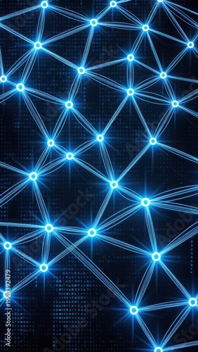 abstract blue digital landscape with glowing binary code and network connections